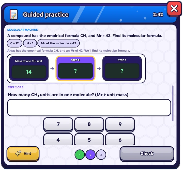 Guided practice: a three-step chemistry calculation with a number pad, a hint button and a timer