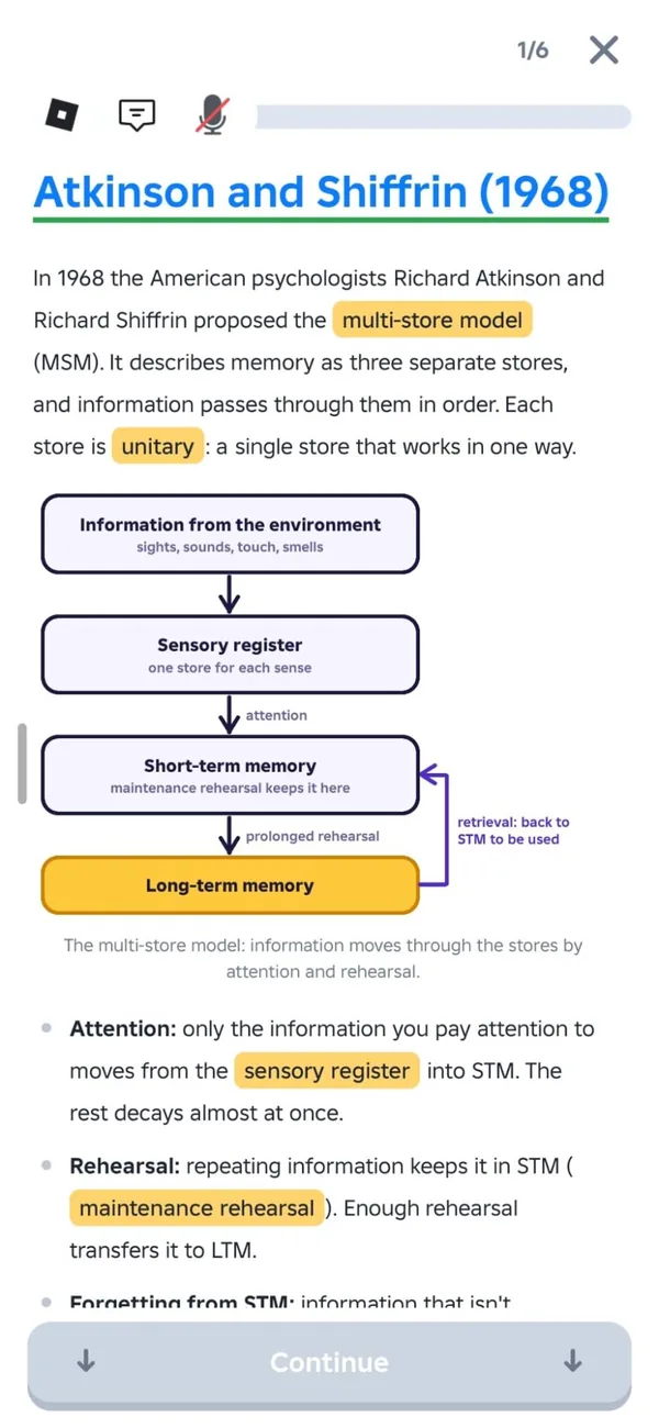 An A-level Psychology revision note on a phone: the multi-store model of memory as a flow diagram