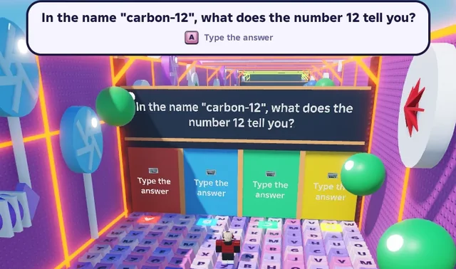 A question gate in a run: four doors, each one asking you to type the answer